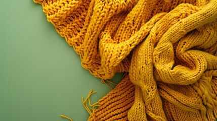 Aufkleber - yellow largeknit blanket on a light green background autumn warm concept copy space top view flat lay : Generative AI