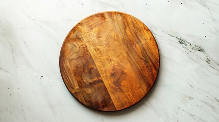 Aufkleber - Empty wooden round board on white stone kitchen table top view flat lay Wooden pizza platter copy space : Generative AI