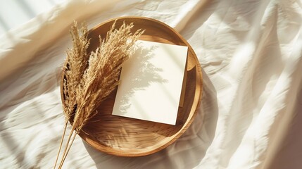 Aufkleber - Blank greeting card card mockup on wooden plate tray Dry grass plant in sunlight Beige linen background shadow overlay Modern template for branding identity Autumn winter design Flat l : Generative AI