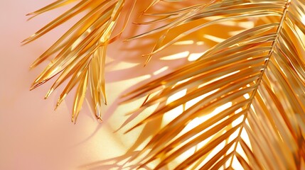 Aufkleber - Top view of golden tropical leaf on holographic foil background Flat lay Minimal summer vacation concept with palm tree leaf Creative copy space : Generative AI