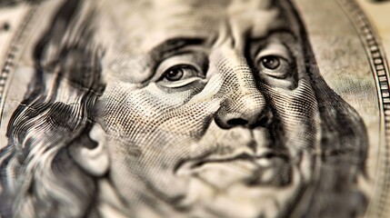 Aufkleber - Macro image of Benjamin Franklin on one hundred US Dollar bill Money of United States Business and finance concept Selective focus : Generative AI