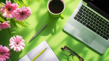 Aufkleber - Desk office with laptop blank notebook flower glasses coffee cup and pen on green table Flat lay top view copy space Home office : Generative AI