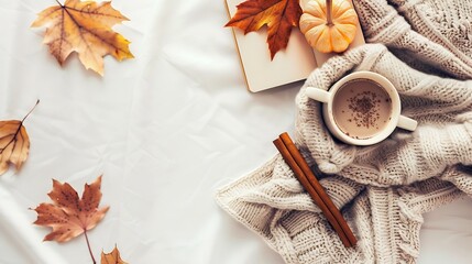 Wall Mural - Autumn composition Hot chocolate blanket notebook autumn leaves cinnamon sticks on white background Flat lay top view : Generative AI