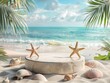 3d podium with beach background, AIGENERATED 