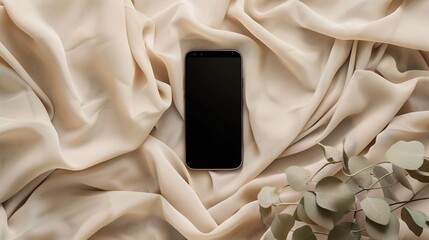 Aufkleber - Flatlay of blank screen mobile phone linen cloth on neutral beige background Aesthetic home office desk workspace Lady girl boss business work blog template with mockup space Flat lay  : Generative AI