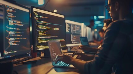 Wall Mural - dedicated programming team collaboratively solving complex issues and crafting innovative software s