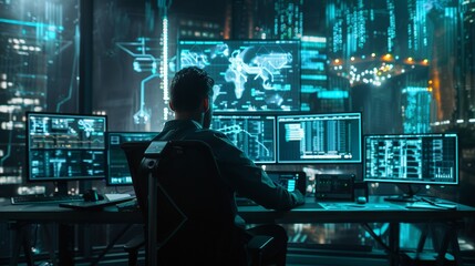 Wall Mural - innovative software engineer engaged in advanced programming at a high-tech office with multiple dig