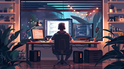 Wall Mural - innovative software engineer engaged in advanced programming at a high-tech office with multiple dig
