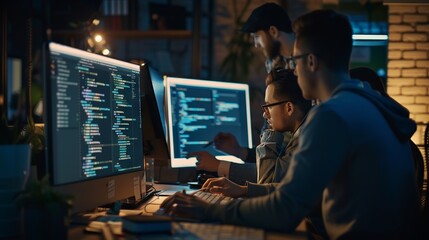 Wall Mural - dedicated programming team collaboratively solving complex issues and crafting innovative software s