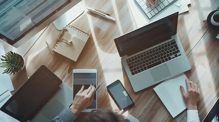 Business people working in the office they are using a laptop and a digital tablet flat lay : Generative AI