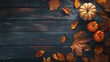 Autumn background decoration from dry leaves and pumpkin on dark wooden background Flat lay top view for Autumn fall Thanksgiving concept : Generative AI