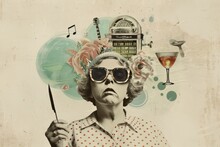 Surreal Portrait In A Pop Collage Style, A Woman 1960s Vibes, With A White Blouse With Red Polka Dots, Musical Instruments On The Head, Big Funny  Sunglassess, Graphic Grungy Design