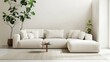 Ivory-colored corner sofa in a minimalist, eco-space concept room, isolated for a clean and modern look