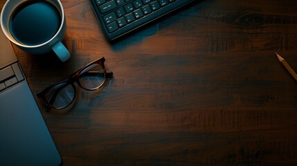 Aufkleber - Top view above of Wooden office desk table with keyboard coffee cup and notebook glasses with equipment office supplies Business and finance concept Workplace Flat lay with blank copy  : Generative AI