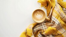 Autumn Composition Cup Of Coffee Yellow Sweater Plaid On White Background Autumn Fall Concept Flat Lay Top View Copy Space : Generative AI