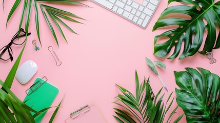 Aufkleber - Office table desk with computer  green leaves palm clipboard Magazines social media Top view Flat lay Home office workspace Womens fashion accessories isolated on pink background : Generative AI