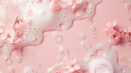 Poster - Texture with splashes foam and bubbles with pink podium and flowers Trendy abstract spring summer nature background Flat lay cosmetic mockup : Generative AI