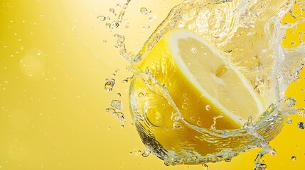 Poster - Slice of lemon underwater or in water with splashing and droplet top view flat lay on yellow background copy space : Generative AI