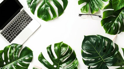 Aufkleber - Home office workspace mockup with laptop tropical leaves Monstera notebook and accessories on white background Flat lay top view : Generative AI