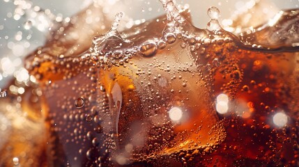 Leinwandbilder - Pouring of Cola and Ice Cola soda and ice splashing fizzing or floating up to top of surface Close up of ice in cola water Texture of carbonate drink with bubbles in glass Cold drink b : Generative AI