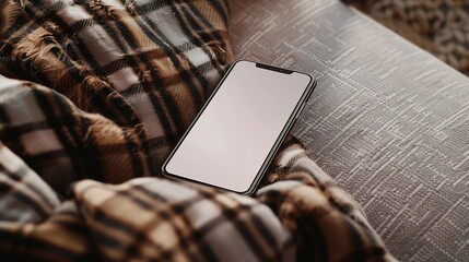Poster - Phone with blank screen lying on the sofa with brown plaid Modern minimal still life smart phone mockup : Generative AI