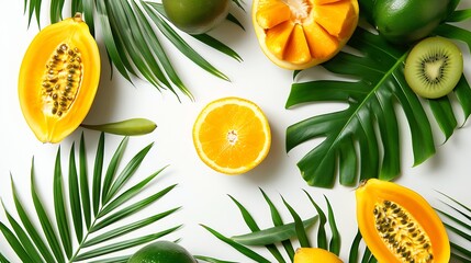 Canvas Print - Summer tropical composition Green palm leaves and tropical fruits on white background Summer concept Flat lay top view copy space : Generative AI