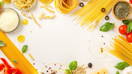 Wall Mural - Frame with spaghetti and various ingredients for cooking pasta on a white background top view Flat lay : Generative AI