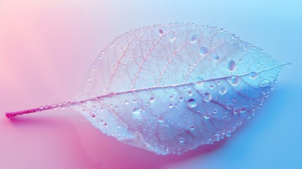 Poster - Transparent skeleton leaf with beautiful texture on a blue and pink background glass with shiny water drops closeup macro Bright expressive artistic image nature free space : Generative AI