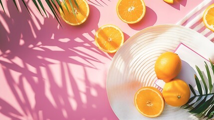 Summer Lifestyle flat lay with sun hat fresh citrus fruits oranges book for read on striped beach towel pastel pink background copy space palm shadow Summer beach day relaxation rest t : Generative AI