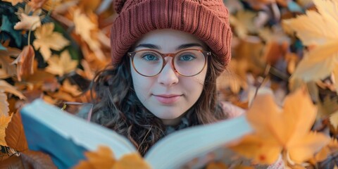 Canvas Print - A woman wearing glasses and a red hat is reading a book in a pile of leaves