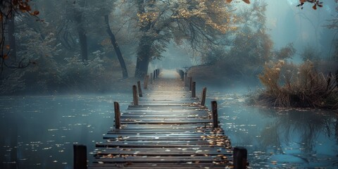 Canvas Print - A wooden bridge over a body of water with leaves on the ground