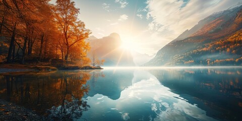 Wall Mural - A beautiful lake with a bright sun reflecting on the water