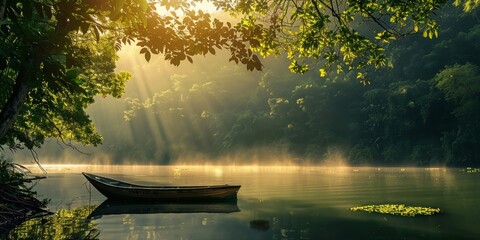 Poster - A small boat is floating on a lake with trees in the background