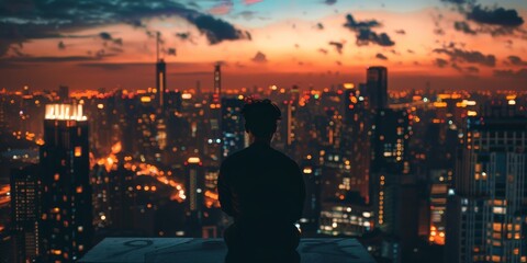 Wall Mural - A man is sitting on a ledge in a city at night