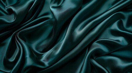 Poster - Dark teal green silk satin Shiny smooth fabric Soft folds Luxury background with space for design web banner Flat lay top view table Birthday Christmas Valentine New year : Generative AI