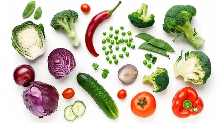 Creative layout made of green peas cabbage sweet potato avocado tomato onion beetroot pepper aubergine artichoke broccoli and cucumber on the white background Flat lay Food concept : Generative AI