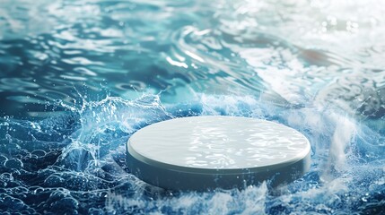 Aufkleber - Empty white circle podium on transparent clear dark blue water texture with splashes and waves in sunlight Abstract nature background for product presentation Flat lay cosmetic mockup  : Generative AI