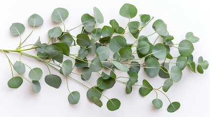 Poster - Green eucalyptus branches on a white background Flat lay top view : Generative AI