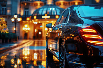 Wall Mural - back taillight of luxury business black car parked in street parking on background of expensive hotel at night close-up