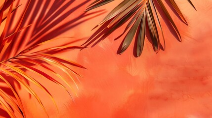 Aufkleber - Red and orange color background with tropical palm shadow Two trend pastel paper and exotic plant shade layout Minimal summer flat lay with leaf silhouette overlay : Generative AI