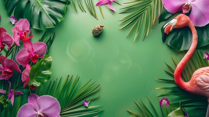 Exotic jungle summer frame Summer beach party concept Pink flamingo tropical leaf monstera and orchid flowers on green background Flat lay copy space : Generative AI