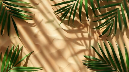 Aufkleber - Top view of green tropical leaves and shadows on sand color background Flat lay Minimal summer concept with palm tree leaf Creative copyspace with paper frame : Generative AI