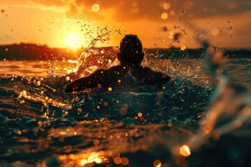 Canvas Print - Powerful Swimmer Silhouette Breaking the Surface in a Dynamic Wallpaper