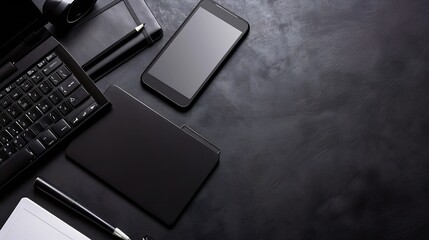 Aufkleber - Workplace in office with black desk Top view from above of keyboard with notebook and phone Space for modern creative work of designer Flat lay with blank copy space Business and finan : Generative AI