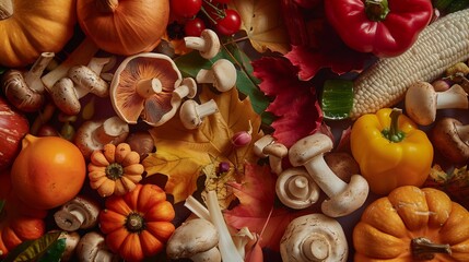 Wall Mural - Healthy vegetarian seasonal food Flatlay of autumn vegetables fruits and mushrooms from local market Vegan ingredients : Generative AI