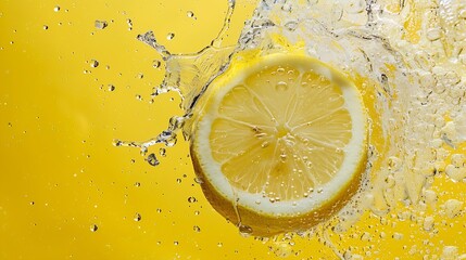 Poster - Slice of lemon underwater or in water with splashing and droplet top view flat lay on yellow background copy space : Generative AI