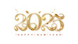 Happy New Year 2025 banner with realistic golden numbers. Christmas Holiday greeting card design.