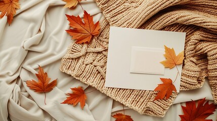 Aufkleber - Blank paper card mock up fall leaves on a neutral beige and bright ginger orange knitted textile background aesthetic autumn wedding invitation business brand design template flat lay : Generative AI