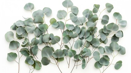 Poster - Green eucalyptus branches on a white background Flat lay top view : Generative AI