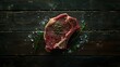 Raw Ribeye steak with spices and herbs Dry aged meat traditional food for grill A trendy hard light dark shadow old wooden background flat lay top view : Generative AI